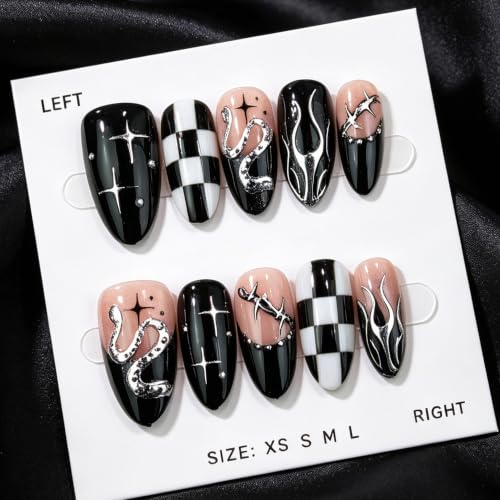 Checked Gothic Press On Nails - Medium Almond Fake Nails with Silver Snake & Line Design, Black French Tips, Reusable for Women - 24Pcs
