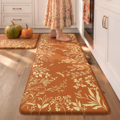 KIMODE Fall Kitchen Anti-Fatigue Mat Set - Leaf Pattern, 17.3 x 47 & 17.3 x 29 Inches, Cushioned Waterproof Rugs, Orange Red Leaf Variation