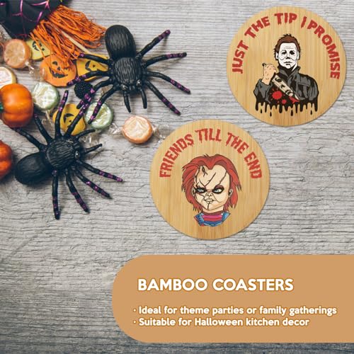 TuTuArt Bamboo Horror Movie Character Coasters Set with Holder - Halloween Drink Accessories