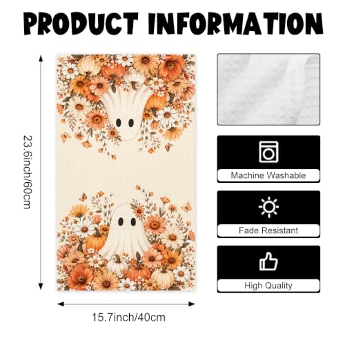 Halloween Kitchen Towels Set - Fall Floral Ghost Dish Hand Towels, 2 Pcs, Variation Towe20