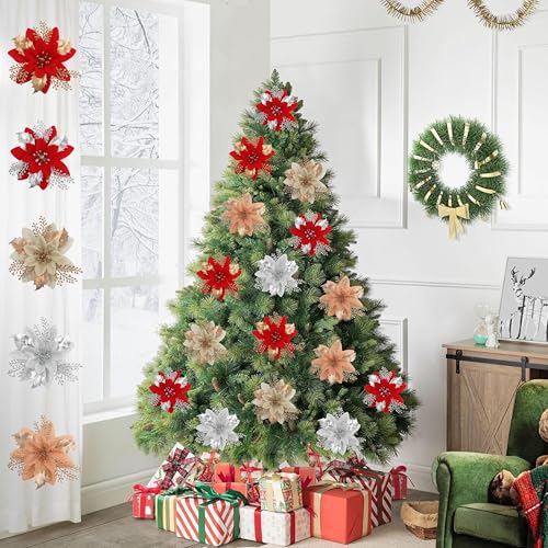 Silver Glitter Poinsettia Christmas Tree Decorations - 24 Pack, 6 Inch Holiday Ornaments with Clips