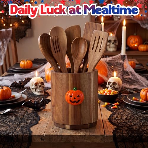 Halloween Pumpkin Kitchen Utensil Holder with Seasonal Decor - Wood Storage