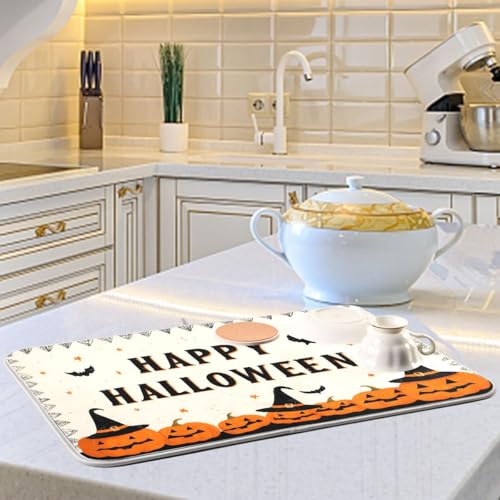Halloween Pumpkin Witch Hat Dish Drying Mat 16x18 Absorbent Kitchen Protector - Halloween#03