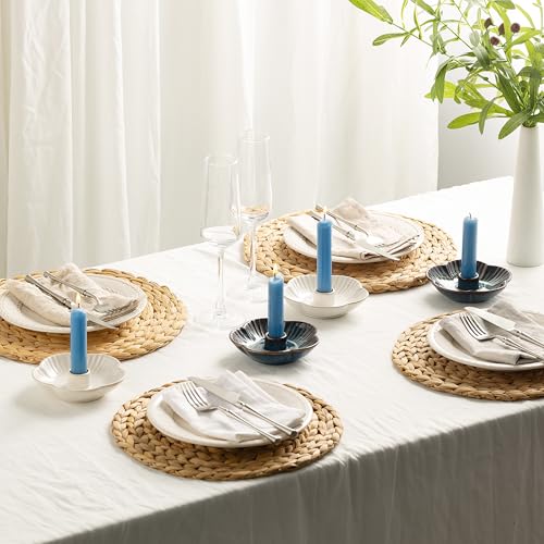 Blue Ceramic Flower Candle Holder - 4.7 Inch Tabletop Tray for Home Decor