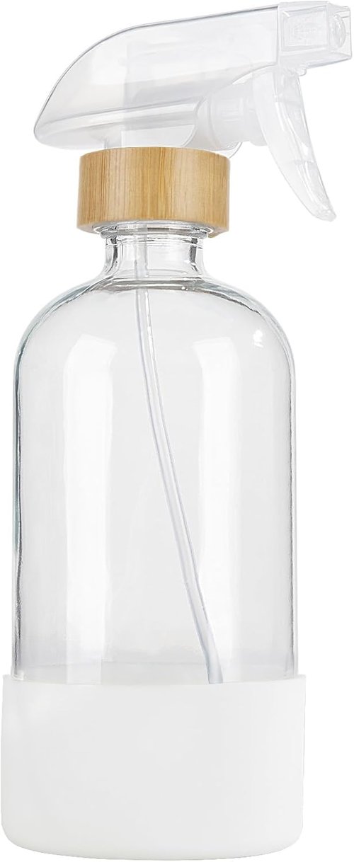 HOMBYS Bamboo Glass Spray Bottles - 17 oz Refillable Clear Containers with Silicone Sleeve Protection | Ideal for Cleaning, Essential Oils, and Misting Plants