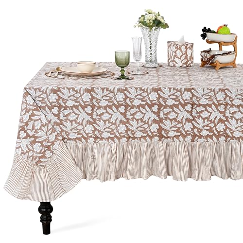 Ridhi Oak Brown Ruffle Hand Block Print Cotton Tablecloth 60x120 Inches - Rectangular