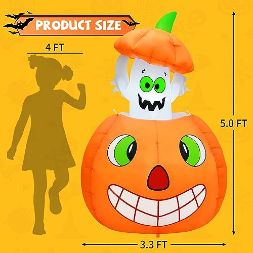 5 FT Halloween Inflatable Ghost and Pumpkin Yard Decor with LED Lights, Animated Outdoor Decoration
