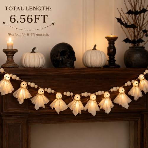 Halloween Ghost Garland with LED Lights - 10 Cute Spooky Party Banner, Indoor Decor