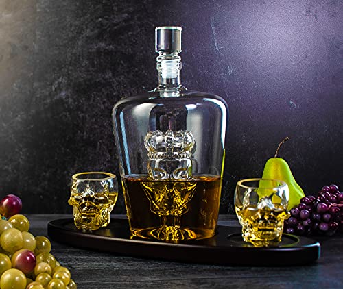 Skull Decanter Set with 2 Shot Glasses and Wooden Base - Gothic Skeleton Whiskey & Tequila Barware - Variation of Skull Set
