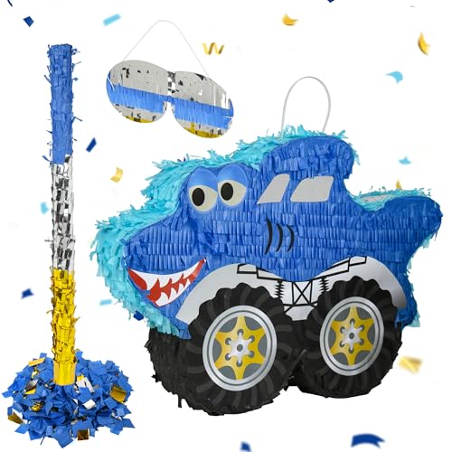 Small Shark Pinata - Blue Black with Blindfold, Bat & Confetti for Birthday Parties - Shark Themed Decor