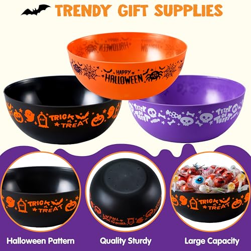Halloween Candy Bowls Set - 3 Plastic Trick or Treat Dish with Ghost, Spider, Skull Designs