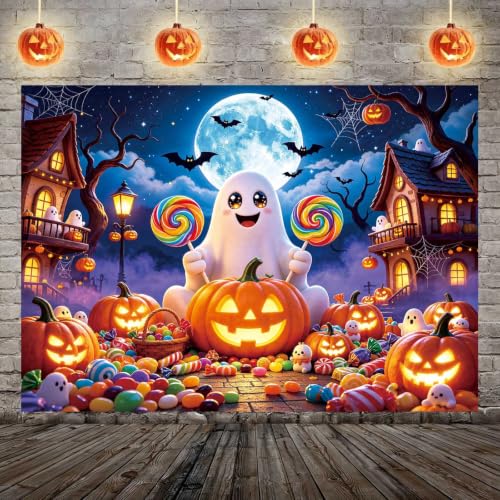 Halloween Backdrop Cute Ghost Pumpkin Candy Theme - 8x6FT - Kid Party Decor