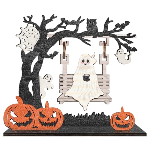 Halloween Ghost Swing Wooden Tabletop Ornament T1 - Creepy Forest Scene Decor