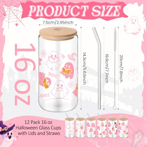 Halloween Glass Cups with Bamboo Lids & Straws - 12 Pink Ghost Skull Bat Designs 16oz