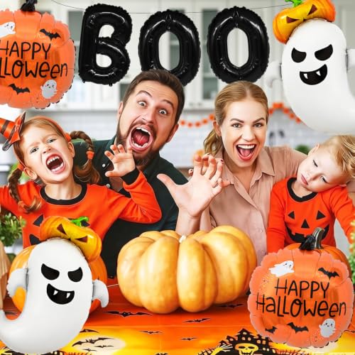 7Pcs Halloween Foil Balloon Set with Ghost Pumpkin Boo Decorations for Party