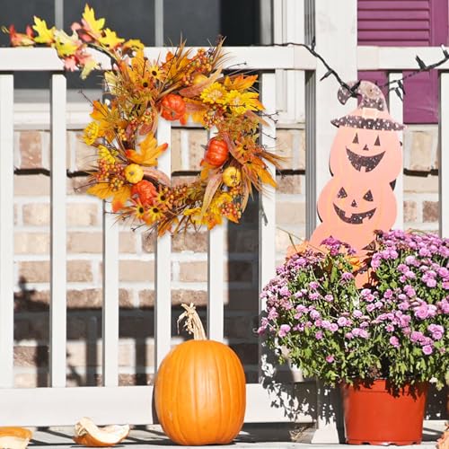 Autumn Fall Wreath for Front Door Decor - Orange Harvest Thanksgiving 19 Inches - PurpleSwan