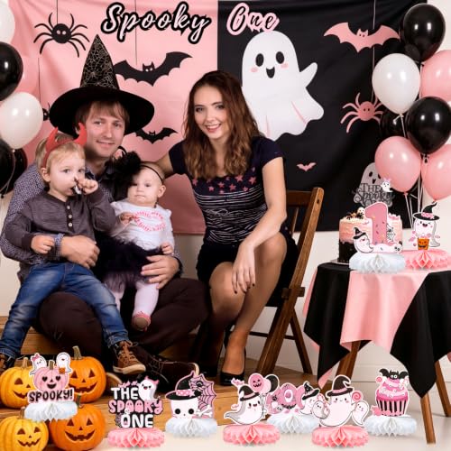 Halloween Spooky One First Birthday Table Centerpieces - Girl Pink Ghosts & Pumpkins
