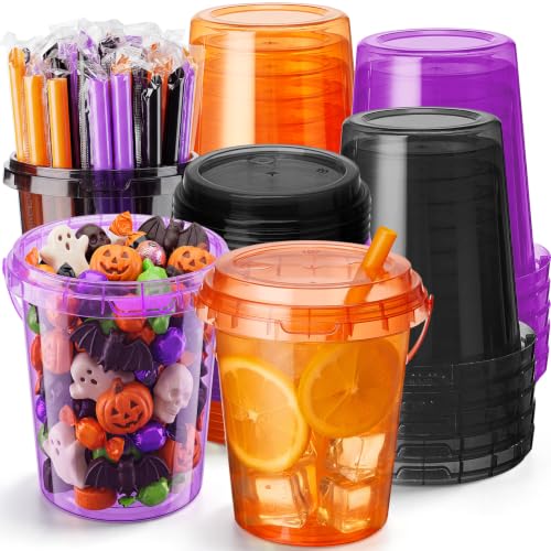 Halloween 15-Piece 32oz Drink Buckets Set with Lids Straws Handles - Spooky Bulk Party Supplies