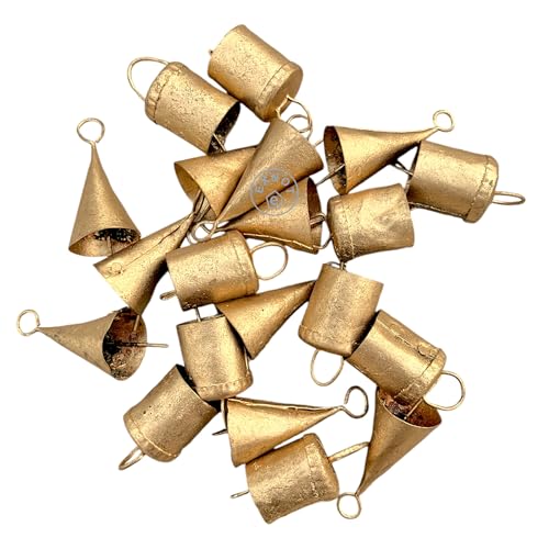 Antique Gold Jingle Bells Set of 20 - Rustic Metal Christmas Decorations with Hanging Loops - Cylinder & Cone Styles