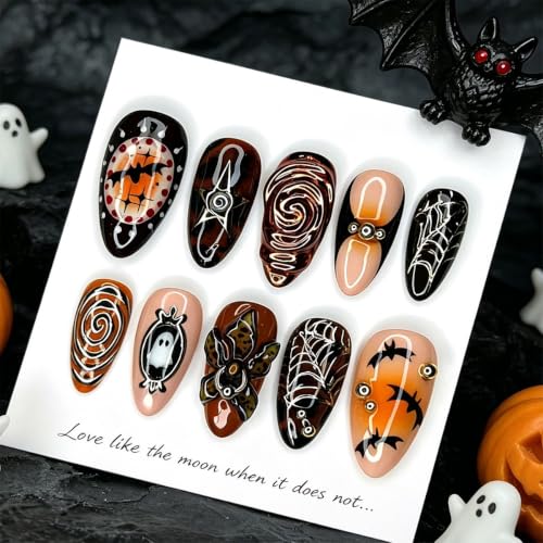 Halloween Press On Nails Set - Medium Almond Fake Nails with Ghost Spider Web Bat Design, 30Pcs - Variation Halloween-28
