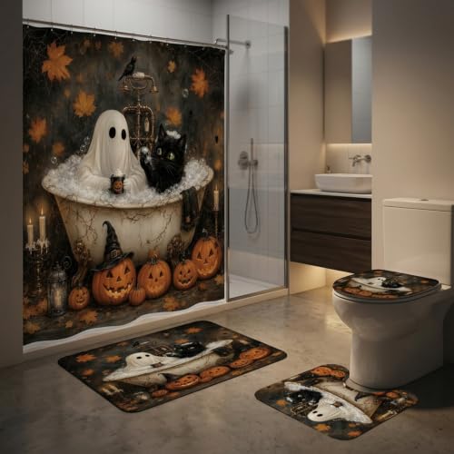 Funny Halloween Bathroom Shower Curtain and Rug Set - Ghost & Cat Scene, 4PCS - InIsaJace