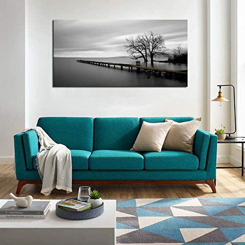 Lake Trees Canvas Wall Art - Modern Minimalist Black and White Landscape Print - 48"L x 24"W