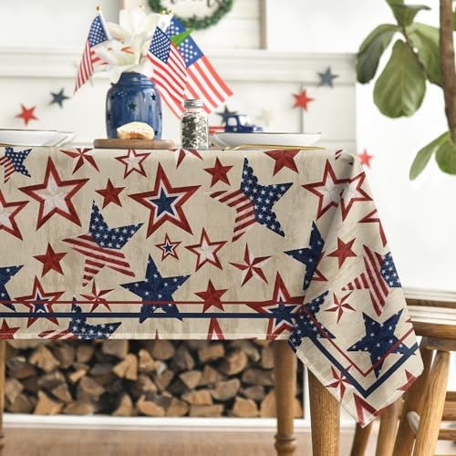 Horaldaily 4th of July Patriotic Tablecloth 60 x 120 Inch Rectangular Blue - Beige Variation