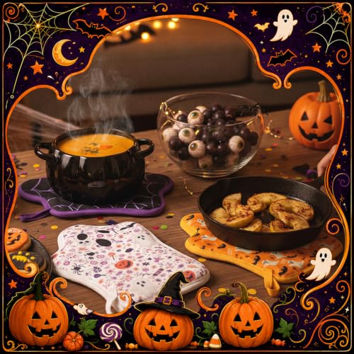 Halloween Ghost Pot Holders Set for Kitchen - Cute Oven Hot Pads, 4-Pack