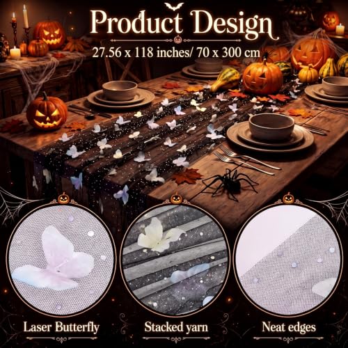 Halloween Black Butterfly Table Runner 9.8 ft Tulle Tablecloth for Parties