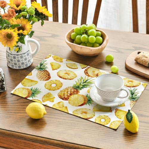 Yellow Pineapple Summer Placemats Set of 4 - 12x18 Inch Rectangular Seasonal Table Decor