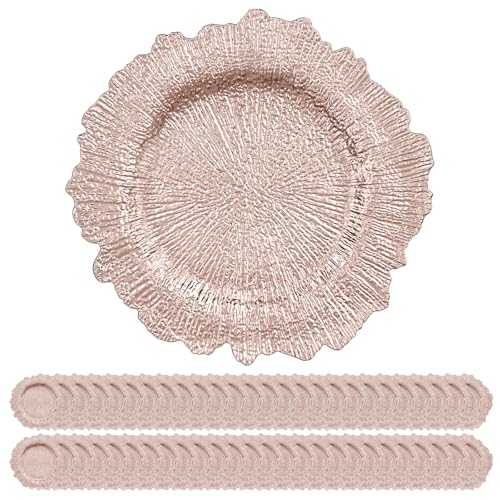 50 Pack Rose Gold Charger Plates 13 Inch Reef Decor Bulk for Weddings & Events