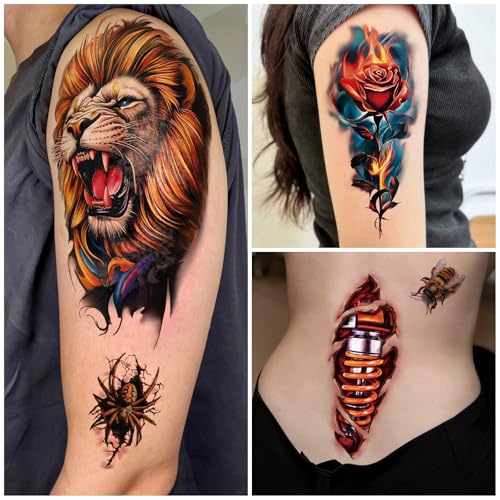 3D Realistic Temporary Tattoos Set for Adults & Kids - Skull, Lion, Tiger, Wolf, Dragon, Spider, Snake, Halloween & Party Designs - Variation: 3D