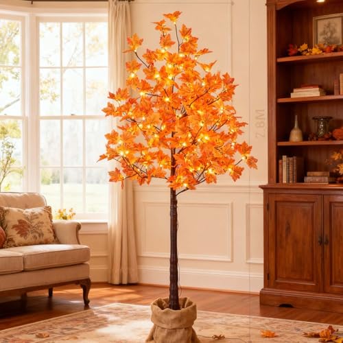 6FT Artificial Lighted Maple Tree with 120LED Warm White Lights - Fall Decor
