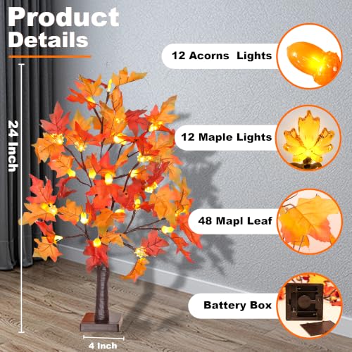 Fall Decor 2 Pack 24-Inch Lighted Maple Trees with 48 LEDs & Timer - Style 1