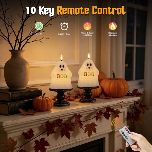 Halloween Ghost Flameless Candles with BOO - Colorful Variation, Remote Timer, Battery Operated