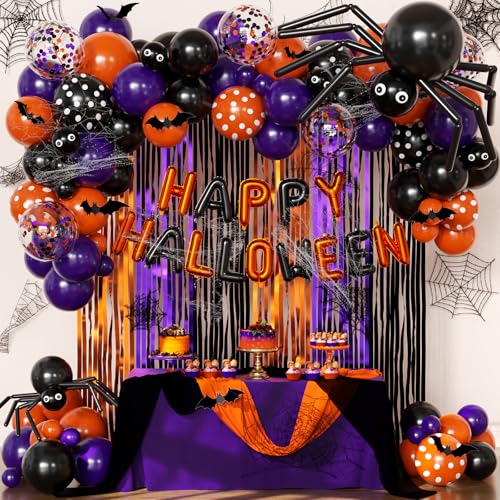 Halloween Fringe Curtain Set - Orange Purple Black Party Decorations with Balloons & Bats - Variation of Black Purple Orange