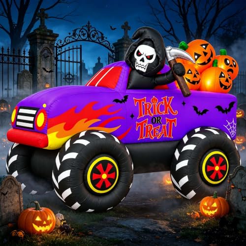 9 Ft Halloween Inflatable Monster Truck with LED Lights, Reaper & Pumpkins Yard Decor