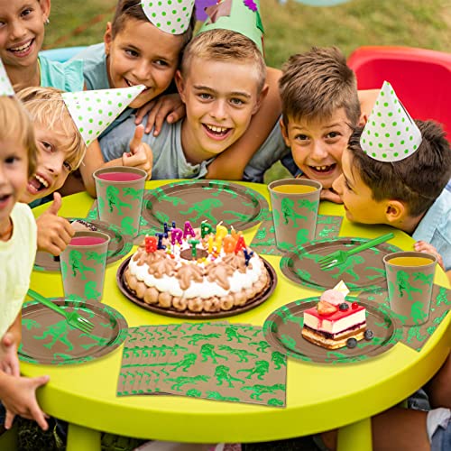 Green Foil Dinosaur Disposable Party Tableware Set for Kids Birthday, Serves 24