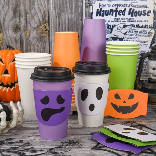 Halloween Coffee Cups 16oz with Lids & Sleeves - Ghost Design, 48 Sets