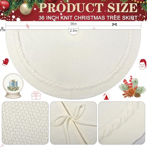 White Boho Cable Knit Christmas Tree Skirt - Small 36 Inch Rustic Farmhouse Decor