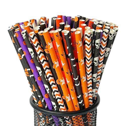 Halloween Paper Straws Set of 200 - Biodegradable Ghost, Skull, Pumpkin, Bat Styles
