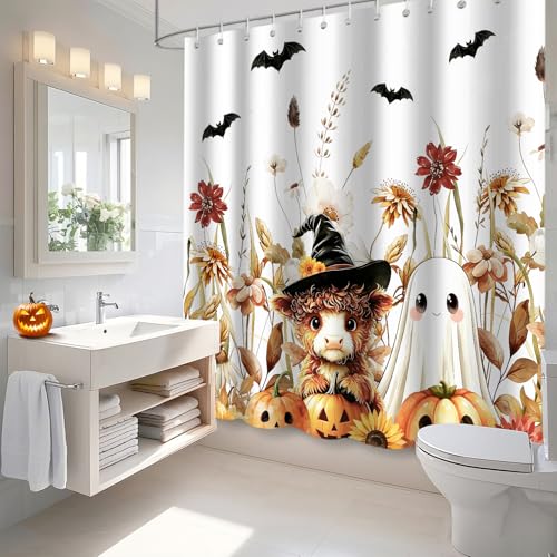 Halloween Ghost Highland Cow Shower Curtain - Colorful 72x72 Inches