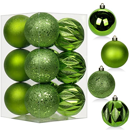 Green Christmas Ball Ornaments Set - Shatterproof 3.15" Holiday Decorations - 12pcs