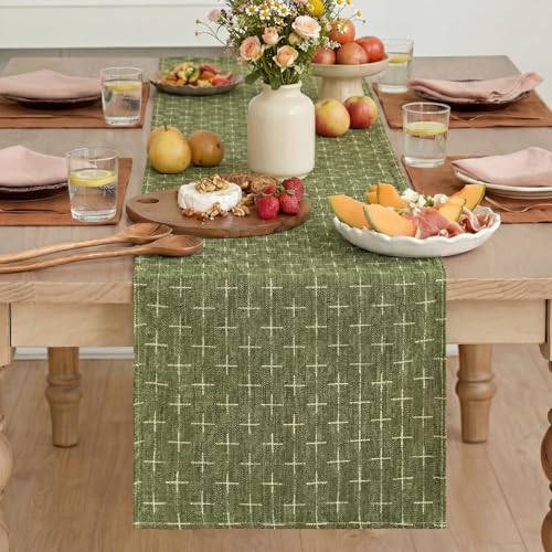 Olive Green Cross-Star Textured Table Runner - 13x90 Inch Waterproof Rustic Decor