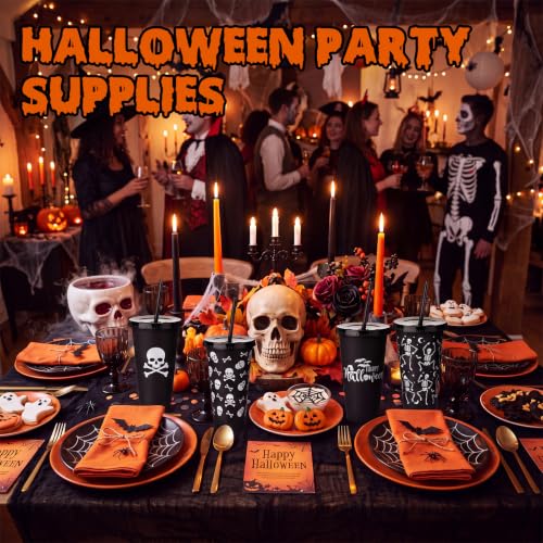 Halloween Skull Plastic Cups Set with Lids & Straws - 24 oz Party Drinkware