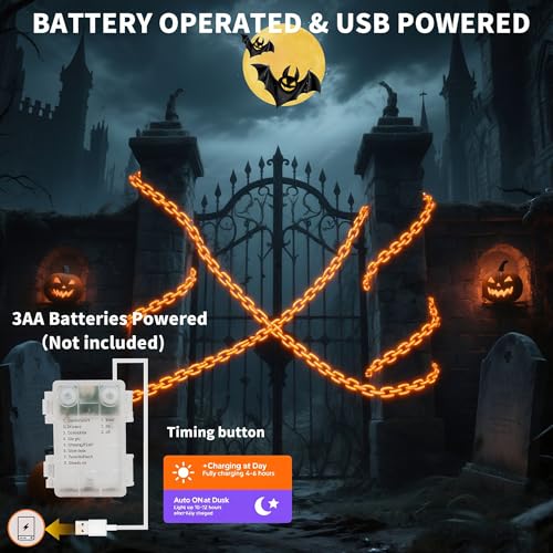Halloween Chain String Lights - Orange 175 LED Battery & USB Powered, Waterproof 13.7FT