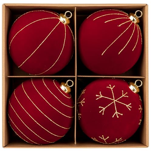 4.72-Inch Red Velvet Christmas Ornaments Set - Glitter Flocked Shatterproof Holiday Decorations, 4 Pieces - Variation of THIS listing
