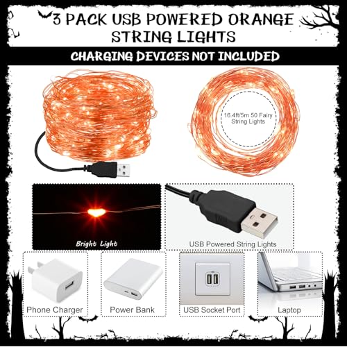 USB Fairy Lights Set - 3 Pack 16 ft Orange String Lights for Holiday & Party Decor