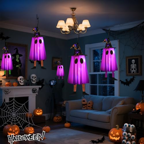 3-Pack Halloween Hanging Ghost Lights with Witch Hats - Outdoor Decor, Purple & Orange, Waterproof, Timer