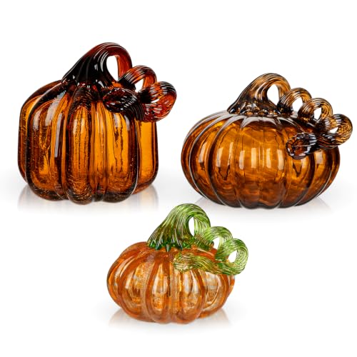 Brown Glass Pumpkin Fall Decor Set - 3 Handblown Autumn Pumpkins, Halloween & Thanksgiving Centerpiece